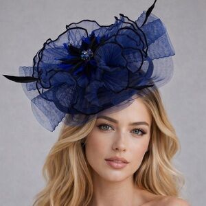 Navy Blue Floral Derby Fascinator Headpiece | Statement Flower Headband